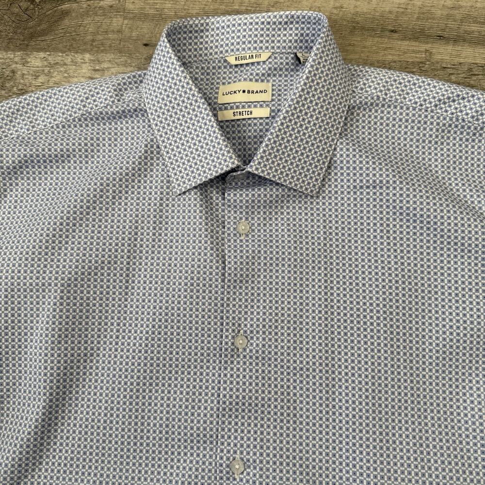 LUCKY Brand Dress Shirt Mens Large 16-16.5 34/35 Regular Stretch Blue Geometric